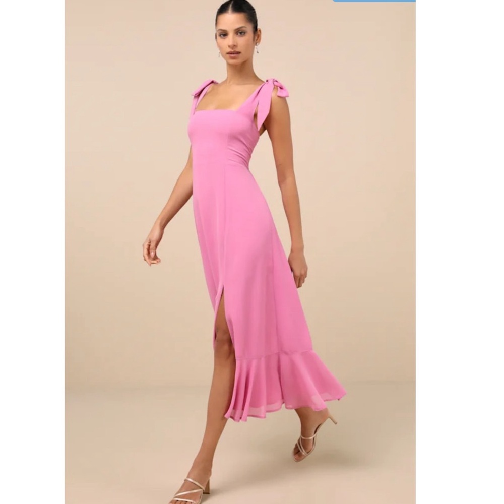 NWT Lulus Elegant Pink square neck Tie Sleeves Sleeveless Dress Sz Medium - Picture 3 of 7